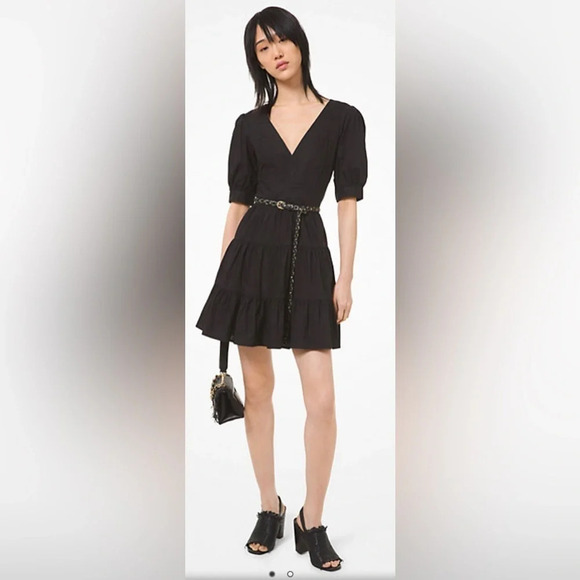 MICHAEL KORS Black Stretch Cotton Poplin Puff-Sleeve Dress Sz XXS - Picture 2 of 13